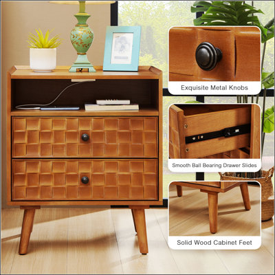 Table de chevet avec station de charge, table de chevet à 2 tiroirs avec tablette ouverte et design géométrique pour une commodité moderne