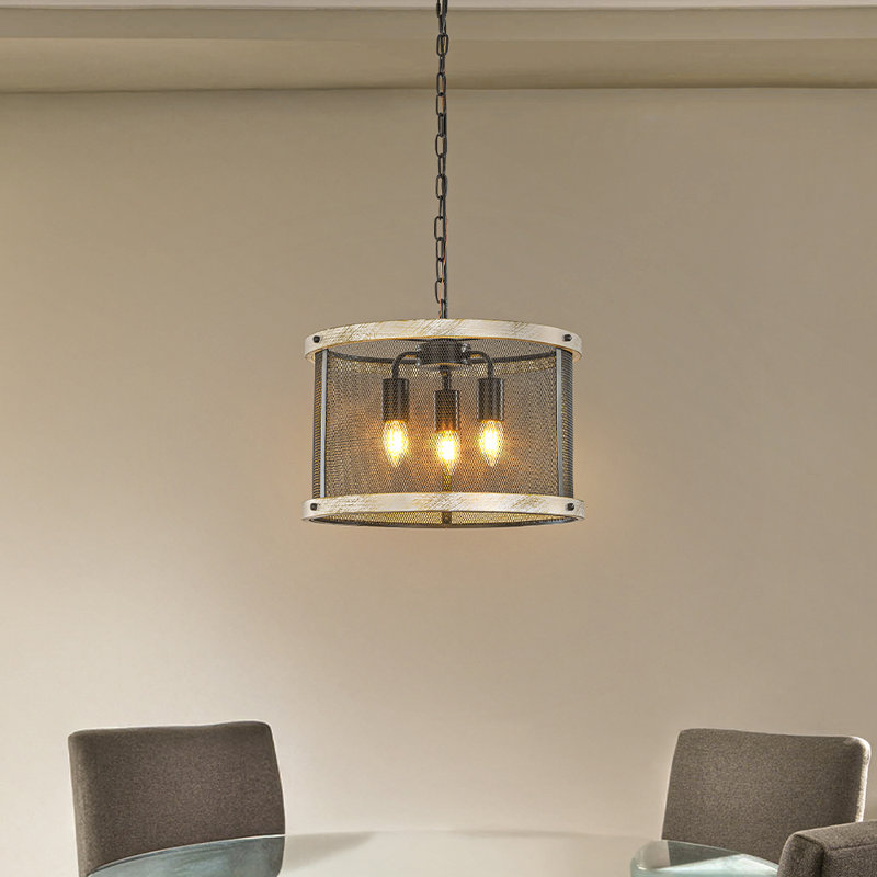 3-light 16" Black Mesh And Weathered White Wood Frame Rustic Farmhouse Drum Chandelier Pendant Dining Room Industrial Chandelier