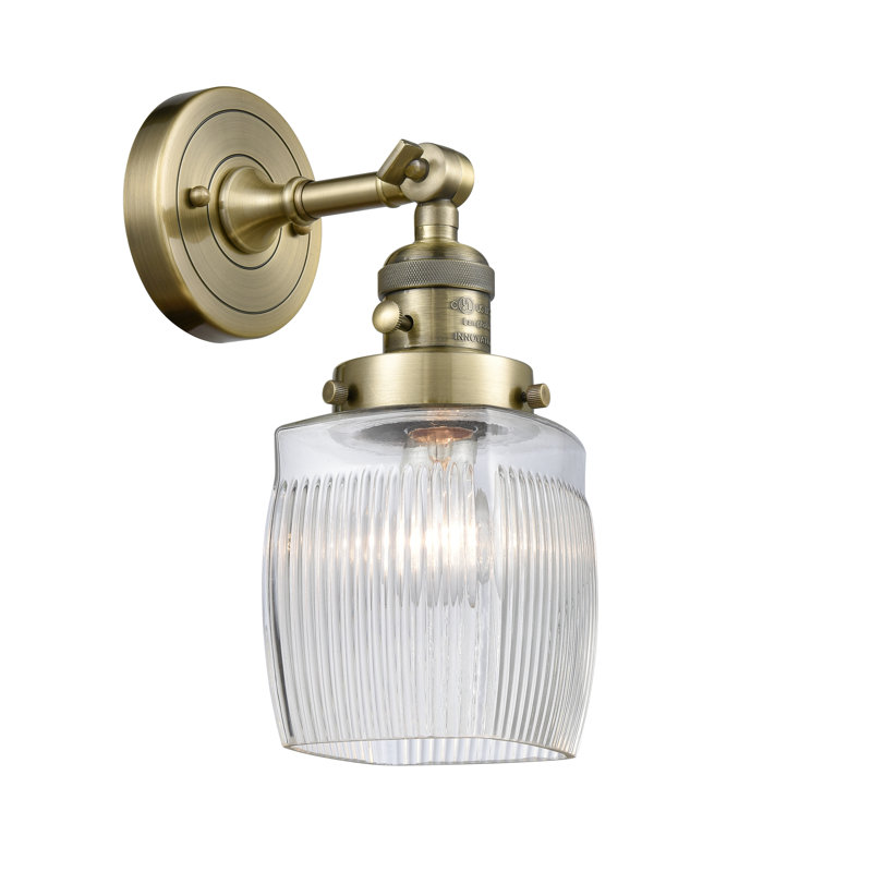 Mireya Armed Sconce, Clear Halophane, 60 Watt Vintage Incandescent Bulb, Antique Brass