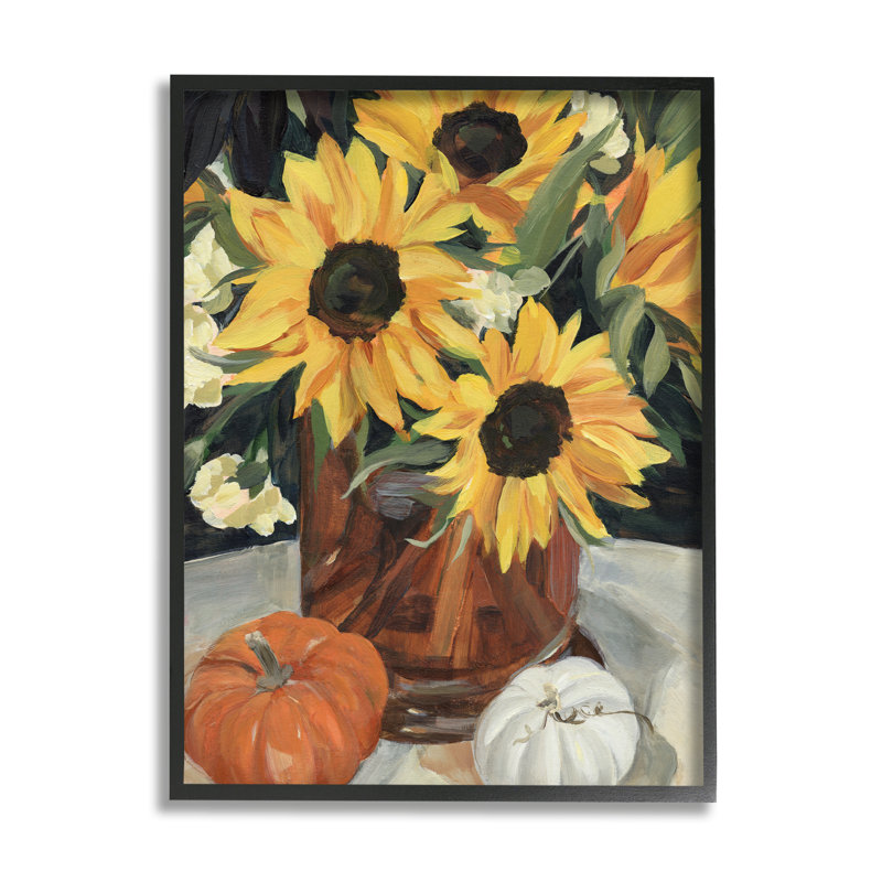 Vase de tournesol rustique et citrouille, Giclée encadrée noir minuit, H 20 po x l 16 po