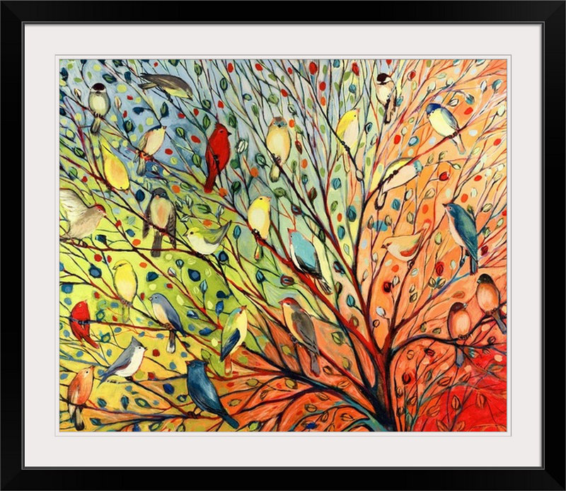 « Twenty Seven Birds » - Reproduction d'art graphique, H 27 po x l 32 po, Impression encadrée avec passe-partout, Noir
