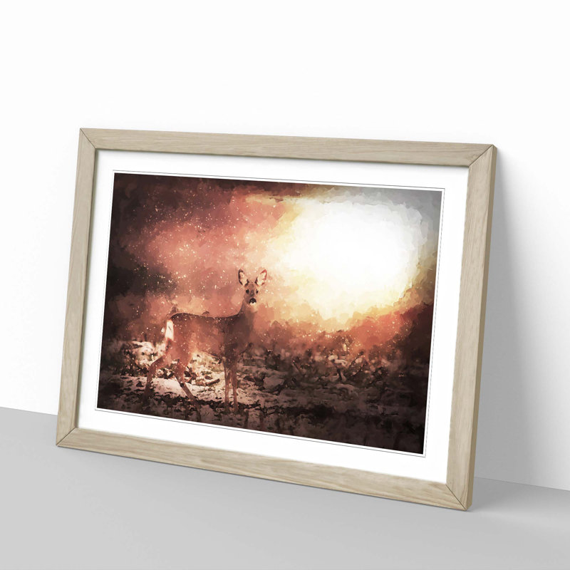 Roe Deer in Sunlight in Abstract - Picture Frame Painting Print on MDF, 40cm H x 60cm W x 2cm D, Oak
