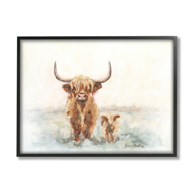 Highland Cattle And Baby Calf Rural by Sara Baker - Floater Frame Painting on Wood