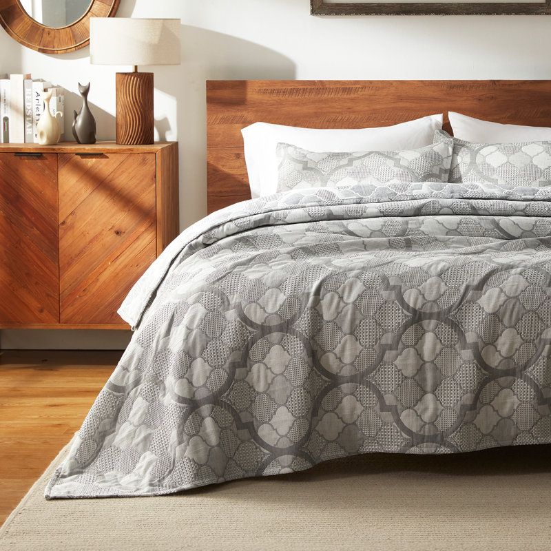 Ensemble de courtepointe géométrique en jacquard SLEEP ZONE, double / grand, couvre-lit léger ultra doux 3 pièces, toutes saisons, 90 x 96, gris