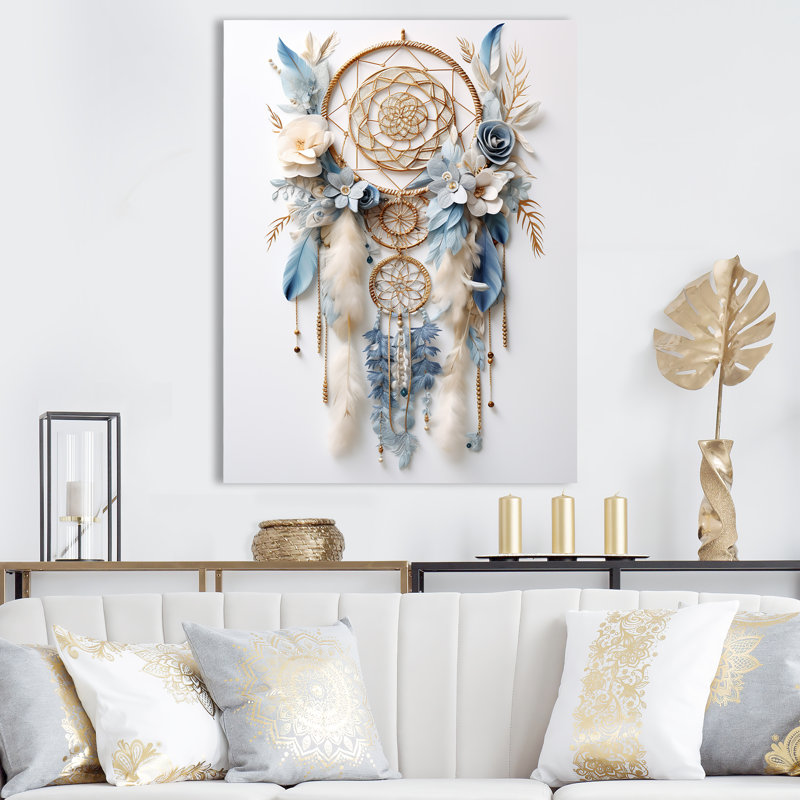 Attrape-rêves blanc et bleu Tranquility sur toile, H 20 po x l 12 po x P 1 po, Toile tendue