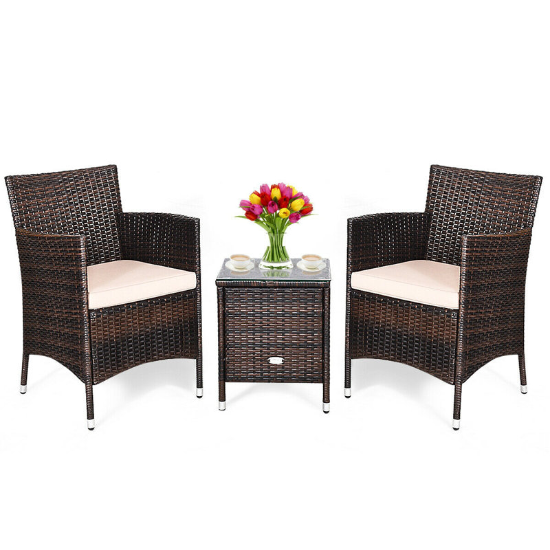 3-Piece Outdoor Rattan Wicker Furniture Set, Beige