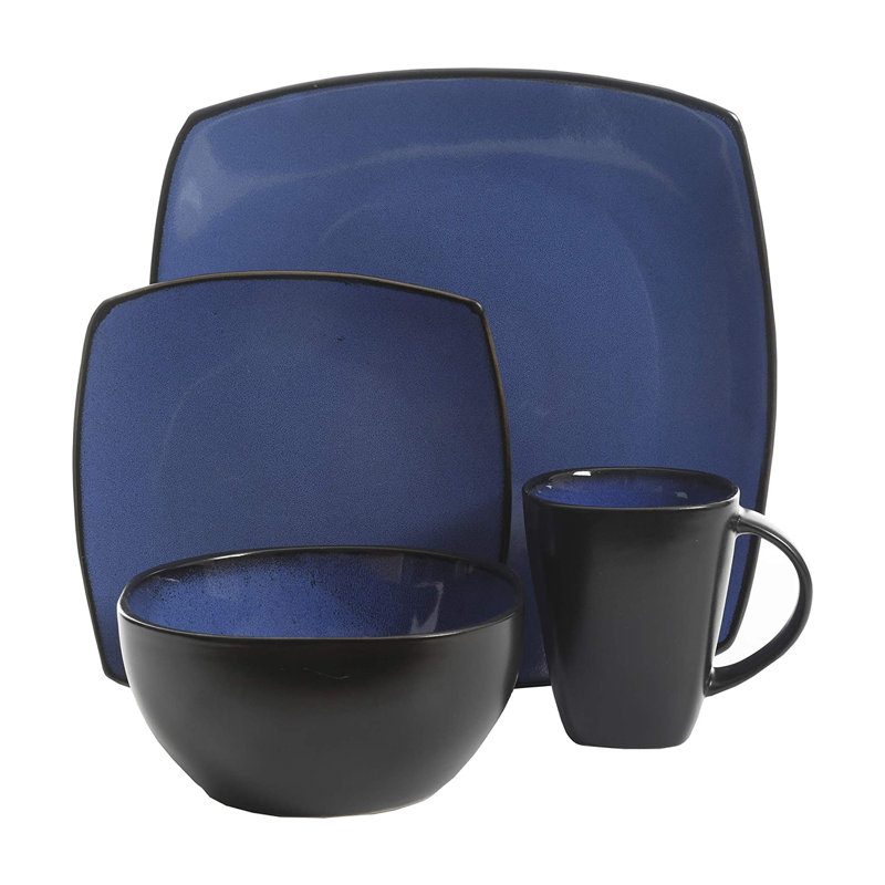 Blue and Black Square Porcelain Dinnerware Set, Service for 4
