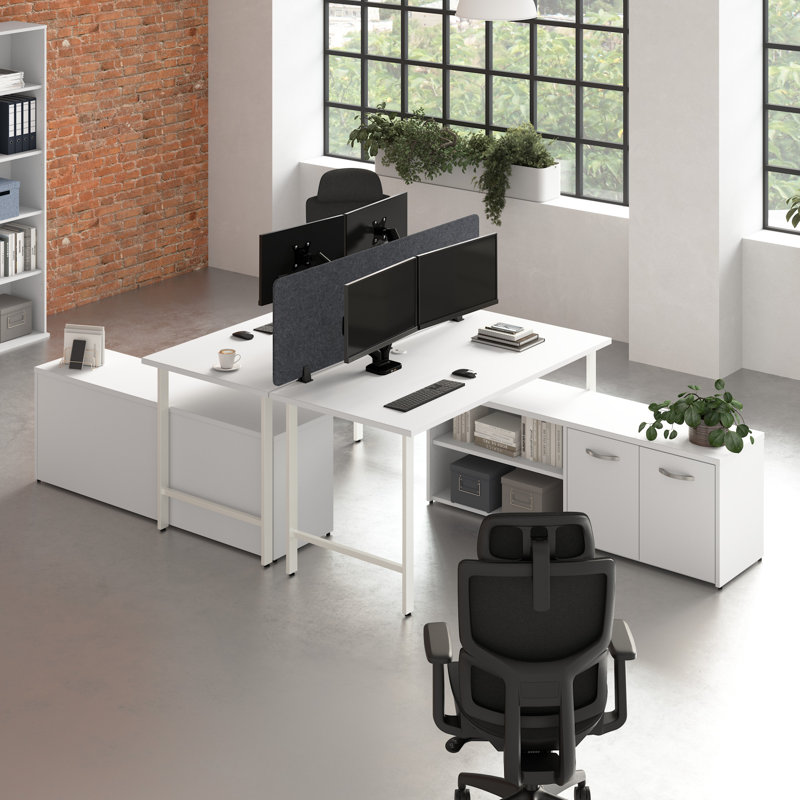 Bush Business Furniture Hustle 2 Person Computer Desk With Low Storage Cabinets, Power Grommets, And Privacy Screen, White