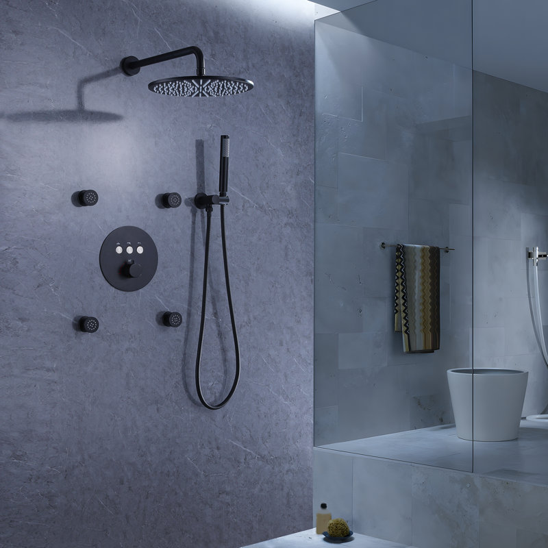 Multifunctional Complete Shower System Wall Mount Rain Shower Head with Body Jets & Rough-In Valve, Matte Black