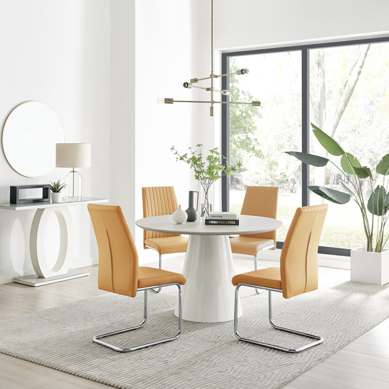 Edzard Statement Round Dining Table Set in Luxury Beige Stone Effect & 4 Faux Leather Dining Chairs, Mustard/Silver