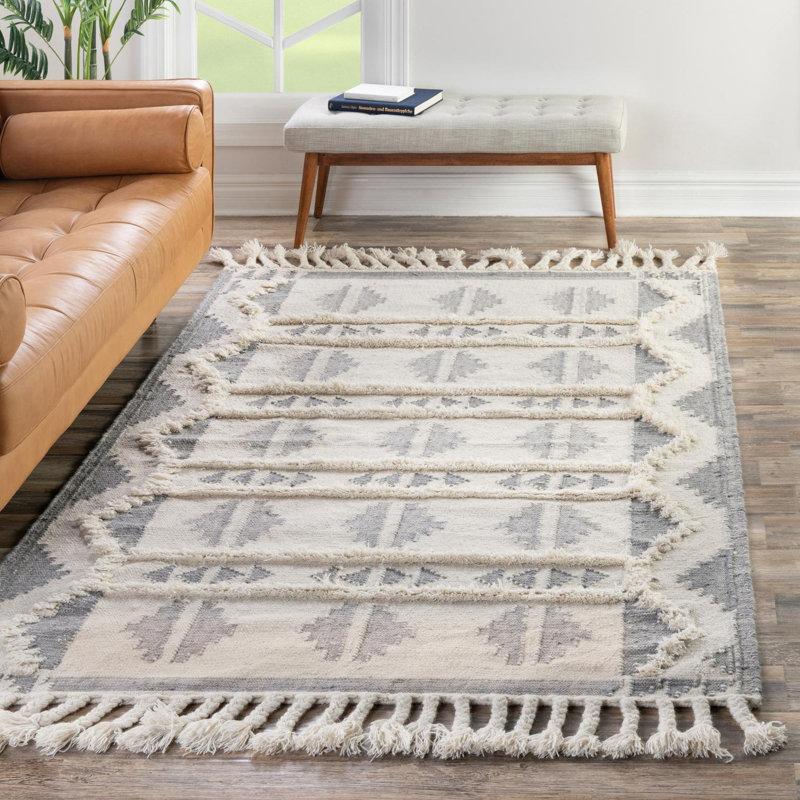 Tapis géométrique en laine tissé à plat à la main Eylin - rose et blanc, Rectangle 9 pi 1 po x 12 pi