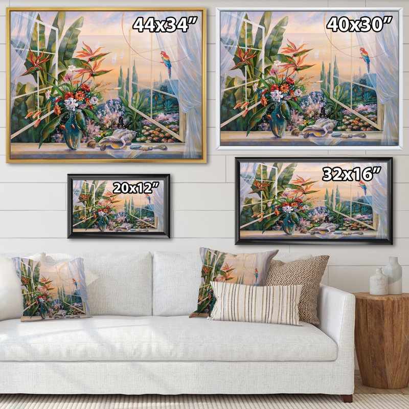 " Spring Evening In Sochi Tropical Flowers Parrot ", 34" H x 44" W, White Floater Frame Canvas