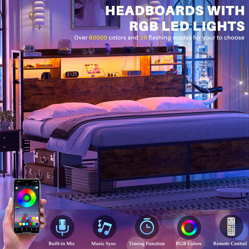 Storage Headboard with LED Lights, Bookcase Headboard with Charging Station, Brown, King