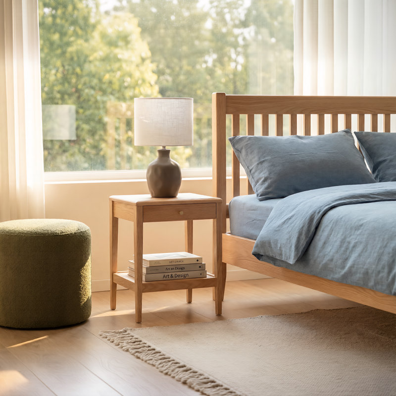 19"H Low & Narrow Assembled Solid Oak Nightstand with Drawer & Shelf, Set of 2, Natural Oak