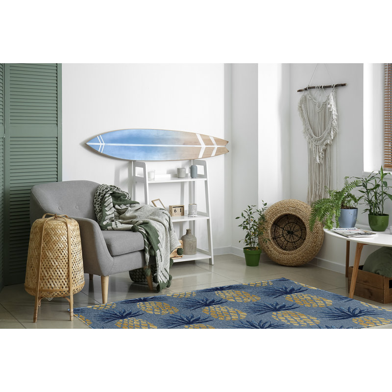 Tapis floral bleu / jaune tissé à plat, Rectangle 4 pi x 6 pi