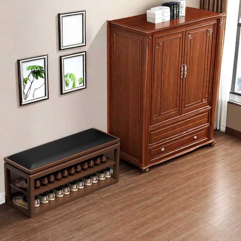 12 Pair Solid Wood Shoe Storage Bench, Black
