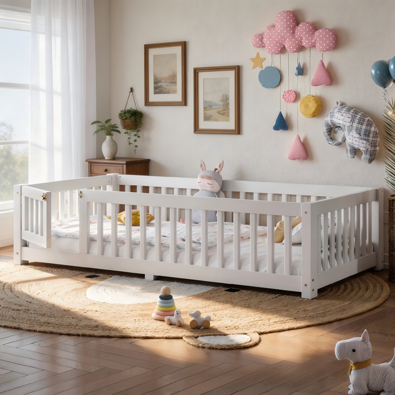 Wood Floor Bed with Safety Guardrails & Removable Door, Montessori Toddler Bed Frame, Full, White