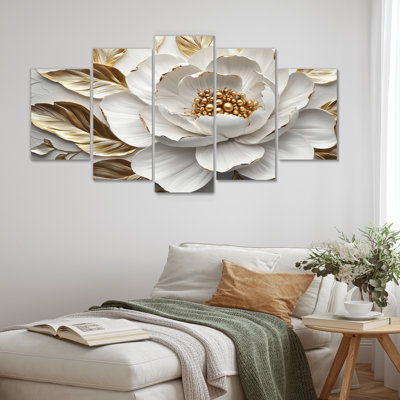 White And Gold Peony Bloom III - Peony Wall Decor Set