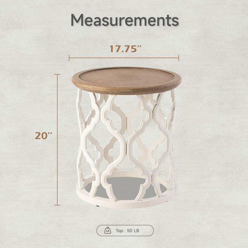 Farmhouse Tray Top Round End Table With Curved Motif Frame Base, White