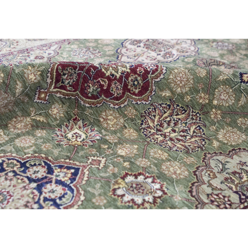 Tapis oriental en laine noué à la main Manchuria vert / bleu marine / rouge / beige