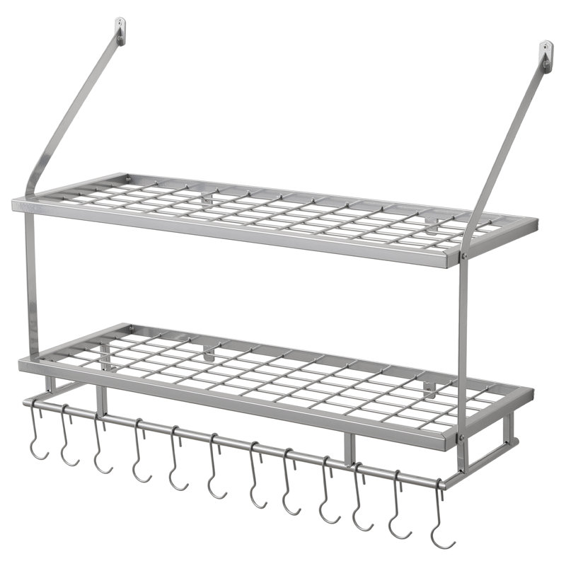 Wall Mounted Pot Rack Kitchen 30 Inch 2-Tier Wall Shelf with 12 Hooks, Silver Grey