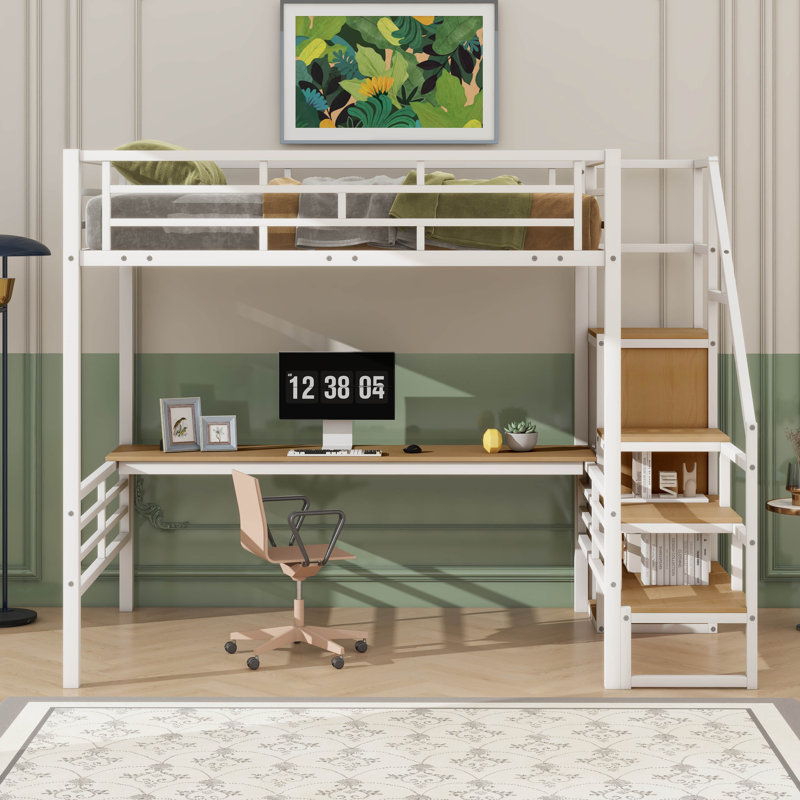  Lit mezzanine double en métal avec bureau Aribella, escalier de rangement et petite armoire, Blanc