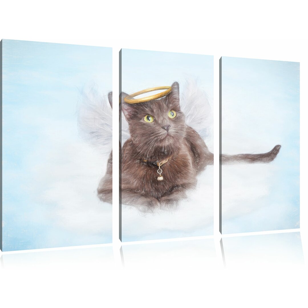 3-tlg. Leinwandbilder-Set „Katzen-Engel auf einer Wolke im Himmel“, Grafikdruck