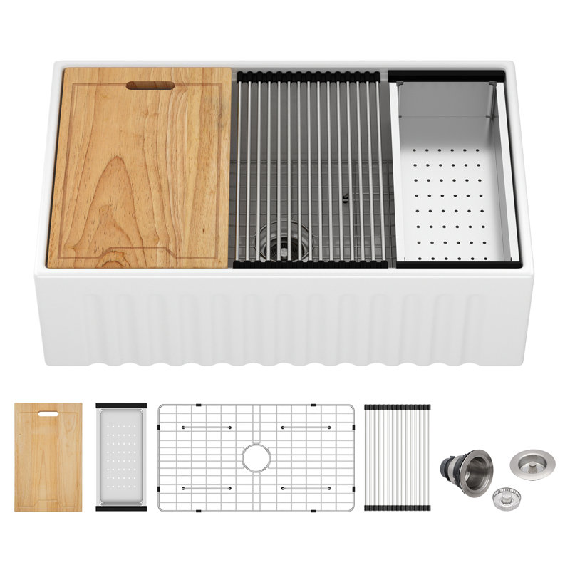 33'' L x 20'' W Ceramic Apron-front Workstation Single Bowl Kitchen Sink with Sink Grid, Strainer, Cutting Board, Colander and Roll-up Rack