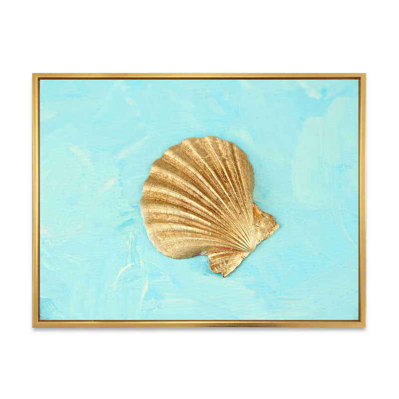 Coquillage doré sur bleu clair - reproduction sur toile, H 16 po x l 32 po, Cadre flottant doré