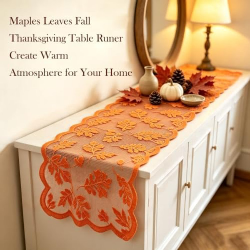 Chemin de table d'automne décorations d'automne pour la maison 13 x 72 pouces érable feuilles dentelle