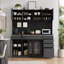 Buffet noir multifonctionnel de 63 pouces de largeur - armoire supérieure, six tiroirs et rangement à compartiments multiples; Comprend un panneau perforé intégré, un porte-serviettes et des prises de courant.