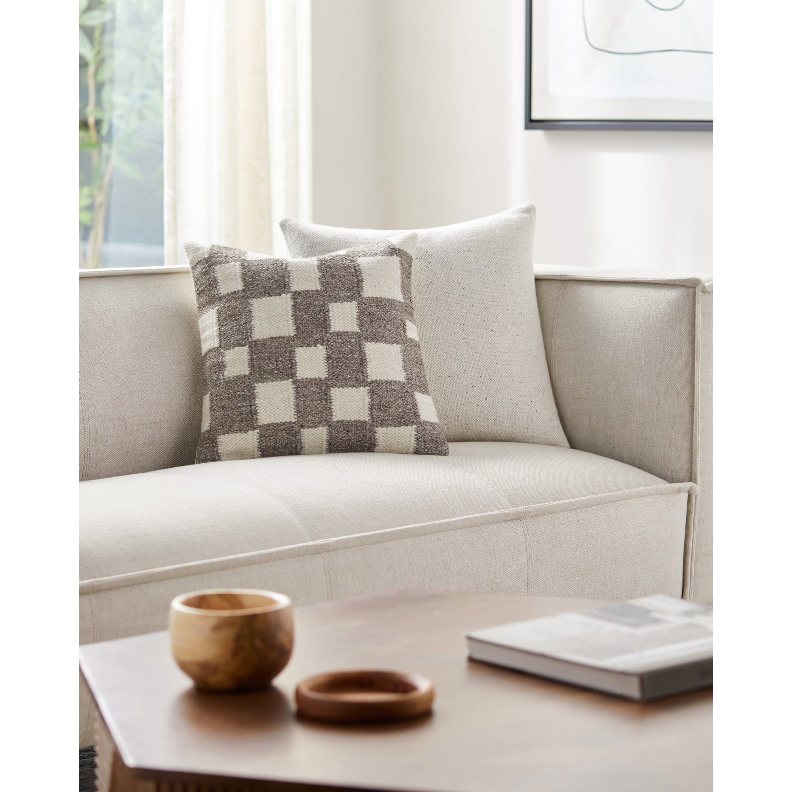 Leonida Geometric Cotton Throw Pillow, Jet Black/Off-White, 20"H x 20"W, Down