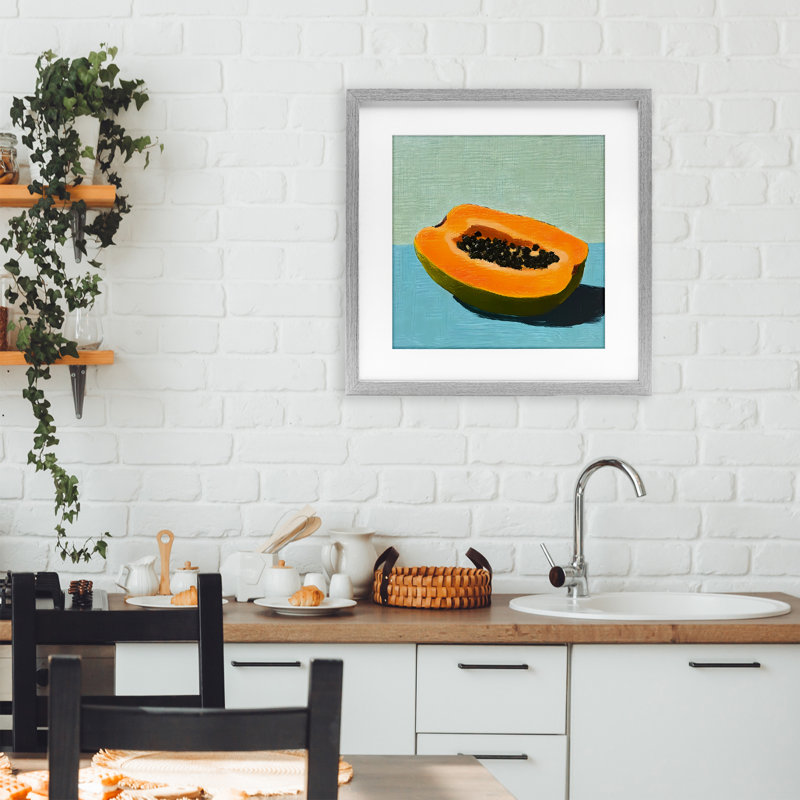 «Blue Papaya Still Life», reproduction d'art sous verre encadrée, par Walker Noble, H 16 po x l 16 po, Cadre de ferme gris