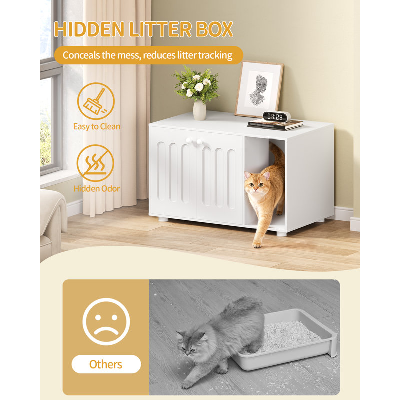 Cat Litter Box Enclosure, Hidden Litter Box Cabinet Furniture with Legs, Wooden Cat Litter Cupboard with 2 Door and Independent Partition, Modern Style, 80 x 48 x 51 cm, White 