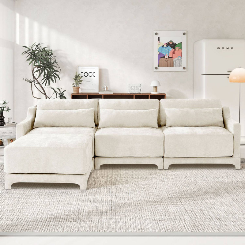 106" L-Shaped Modular Upholstered Sectional With Ottoman, Beige Chenille