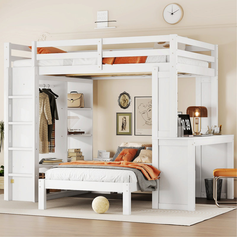 Lit superposé avec lit inférieur amovible et bureau, lit à structure en bois avec tablettes intégrées, Double XL, Blanc