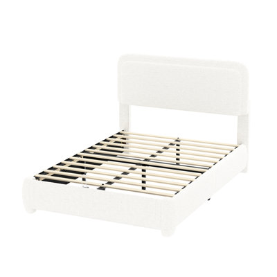 Boucle Full Bed Frame with Adjustable Height Headboard, Modern Platform Bed with Curved Cloud Headboard, Elegant Boucle Fabric Low Profile Platform Bed, No Box Spring Needed, Easy Assembly, White