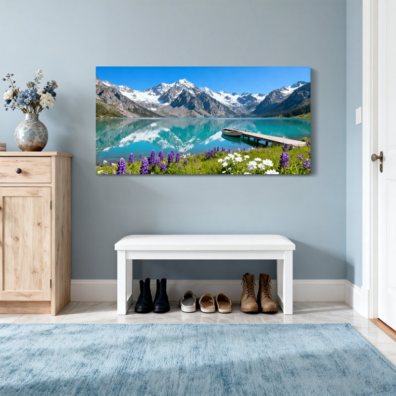 Paysage et nature Lac de montagne Reflet Bateau Quai Fleurs Ciel, H 28 po x l 58 po