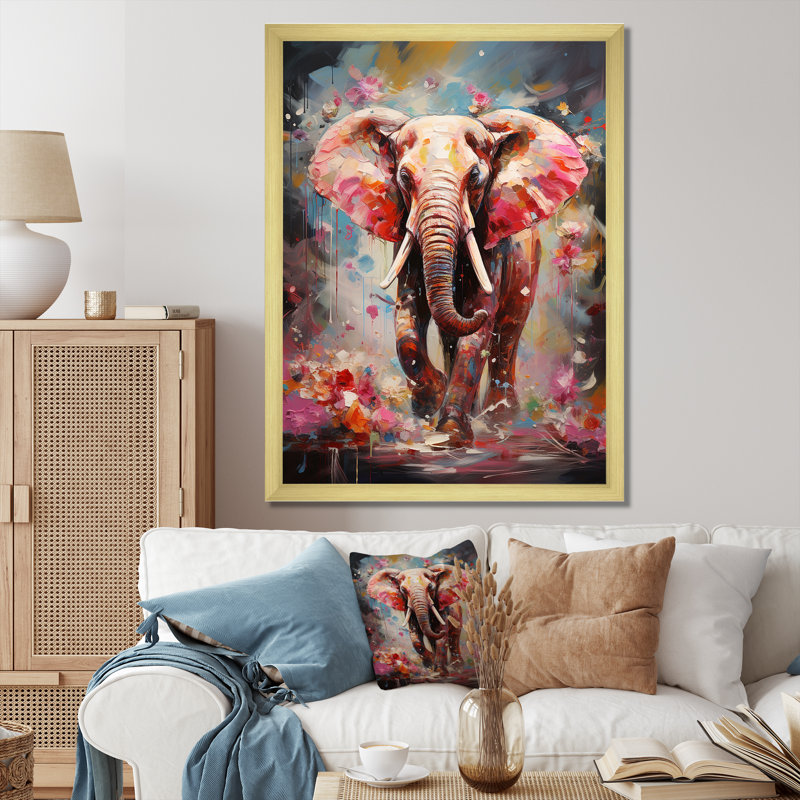 Imprimé sur toile, éléphant rose, Cadre doré simple, H 40 po x l 30 po x P 1,5 po