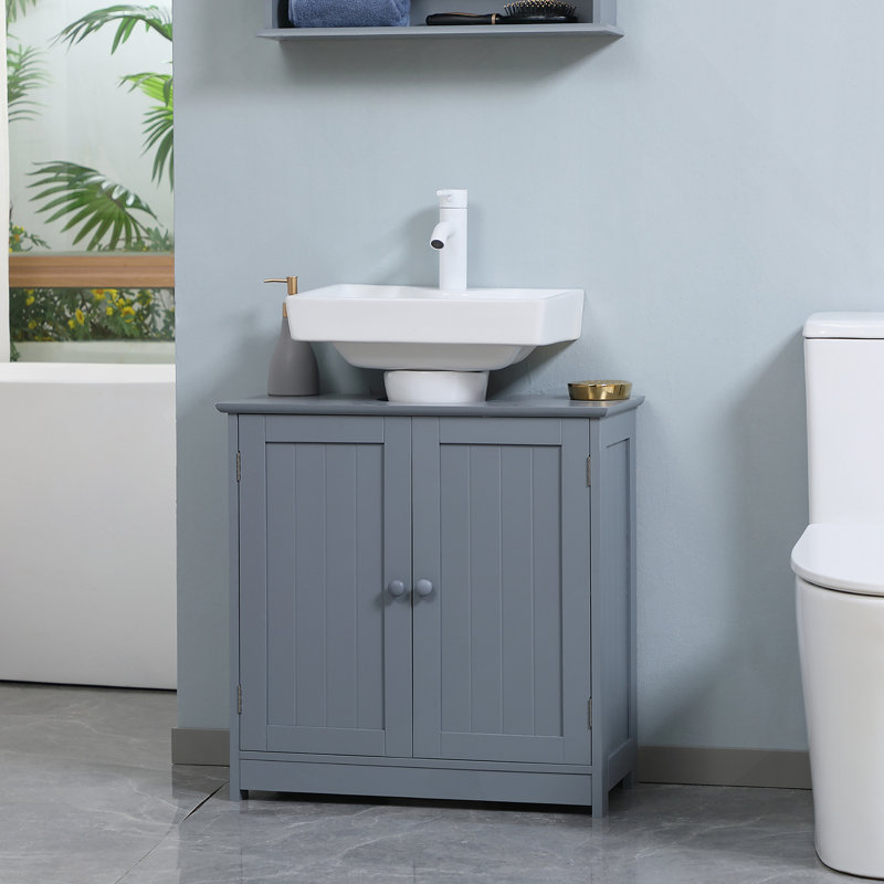 Armoire de salle de bain sous le lavabo avec 2 portes et tablette, meuble-lavabo à piédestal, gris, Gris