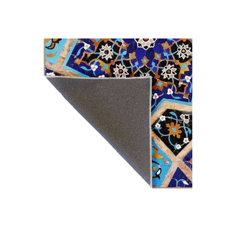 Tapis bleu lavable décoratif multicolore à motif rétro bleu, Sous-tapis carré 3 pi 3 po inclus