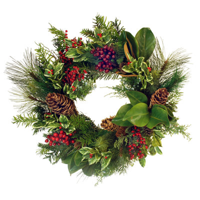 24" Holly Pine Magnolia Wreath