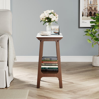 Retro Reddish Brown Narrow Slate Side Table With Storage Shelf, Small End Table For Living Room Small Spaces Entryway Farmhouse, Slim Nightstand Bedside Table