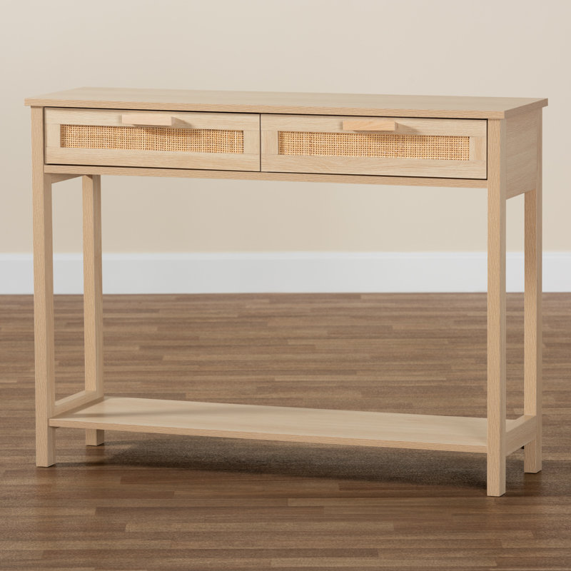 Light Brown Wood Console Table with Rattan Drawers and Shelf