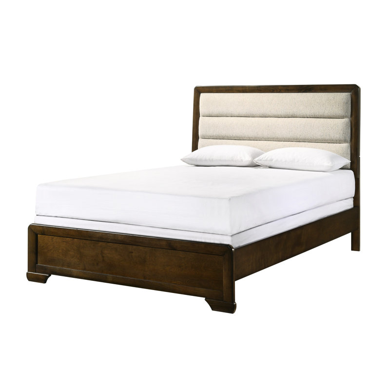 Grand lit à panneau en bois brun et beige avec tête de lit tapissier