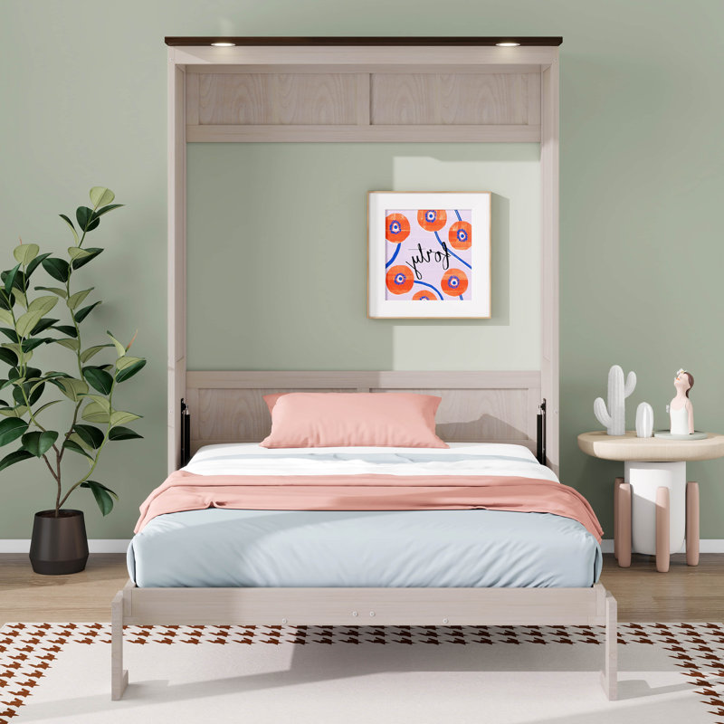Grand lit escamotable style ferme avec DEL, armoire murale verticale en bois massif pour adultes