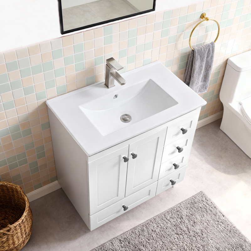 30'' Modern Free-Standing Single Bathroom Vanity With Ceramic Top, White/Black