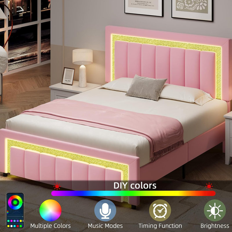 Structure de lit à DEL et revêtue de velours avec tête de lit moderne en losange réglable, Lit double, Rose