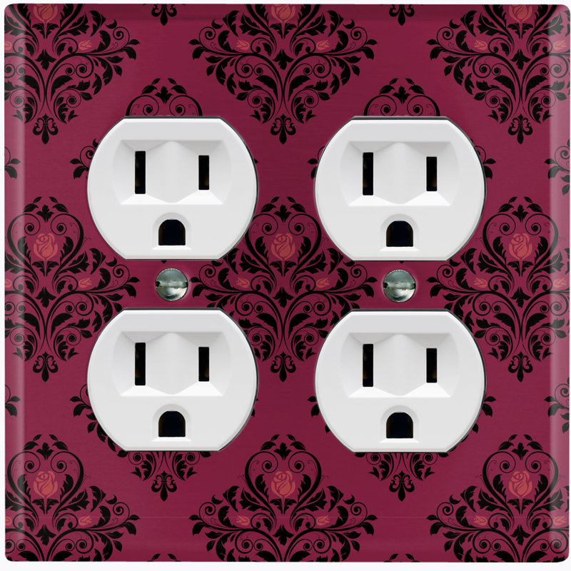 Metal Light Switch Plate Outlet Cover (Damask Black Elegant Flower Diamond Dark Red - Single Toggle)