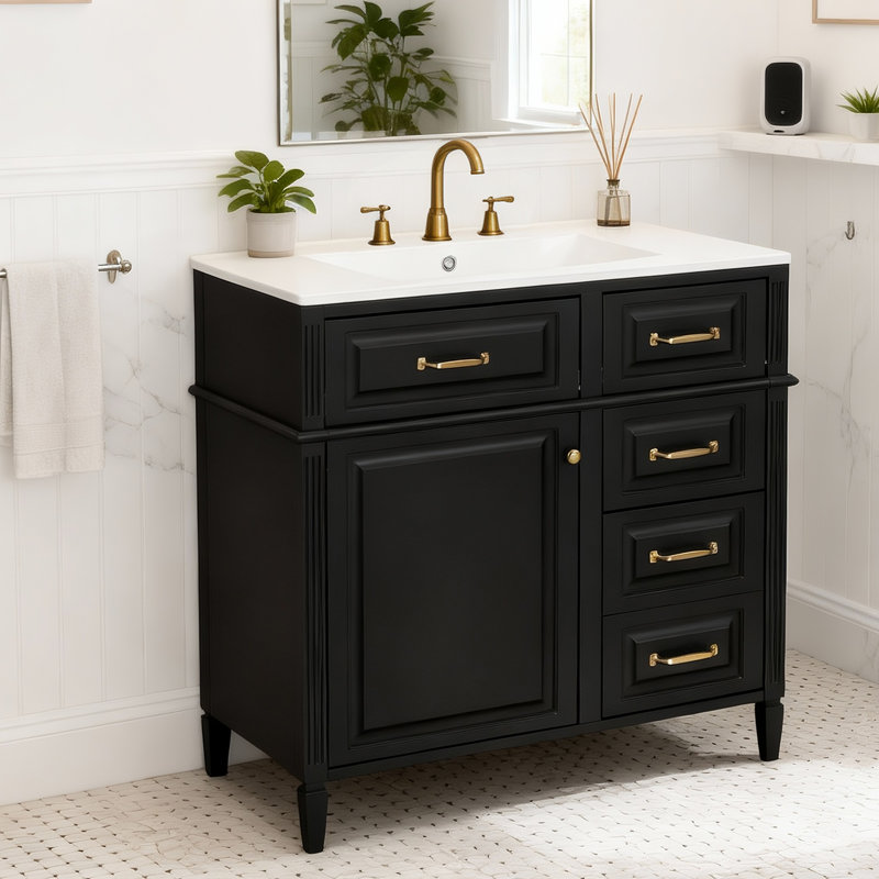 36" Freestanding Bathroom Vanity - Ceramic Sink Top,Solid Wood Frame & Mdf Cabinet With Flip Drawer Design, Gold, Black